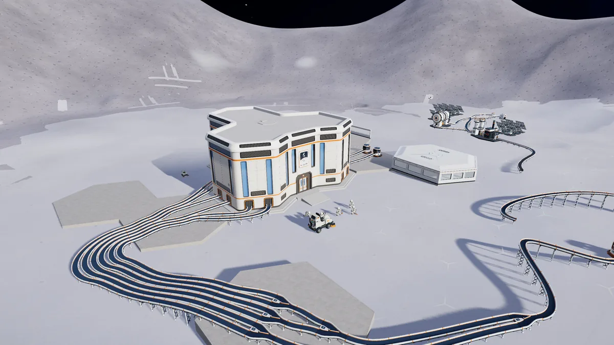 Moon Sweepers screenshot of a base exterior with conveyor lines, storage and a rover in the distance.