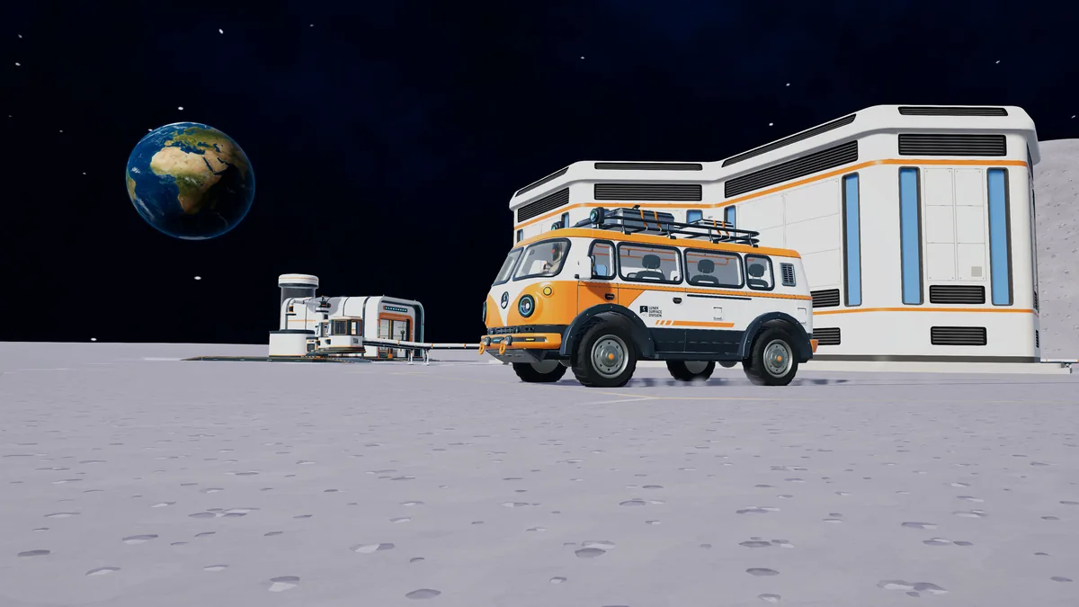 Moon Sweepers screenshot of a transport vehicle parked outside a lunar base with Earth in the sky.