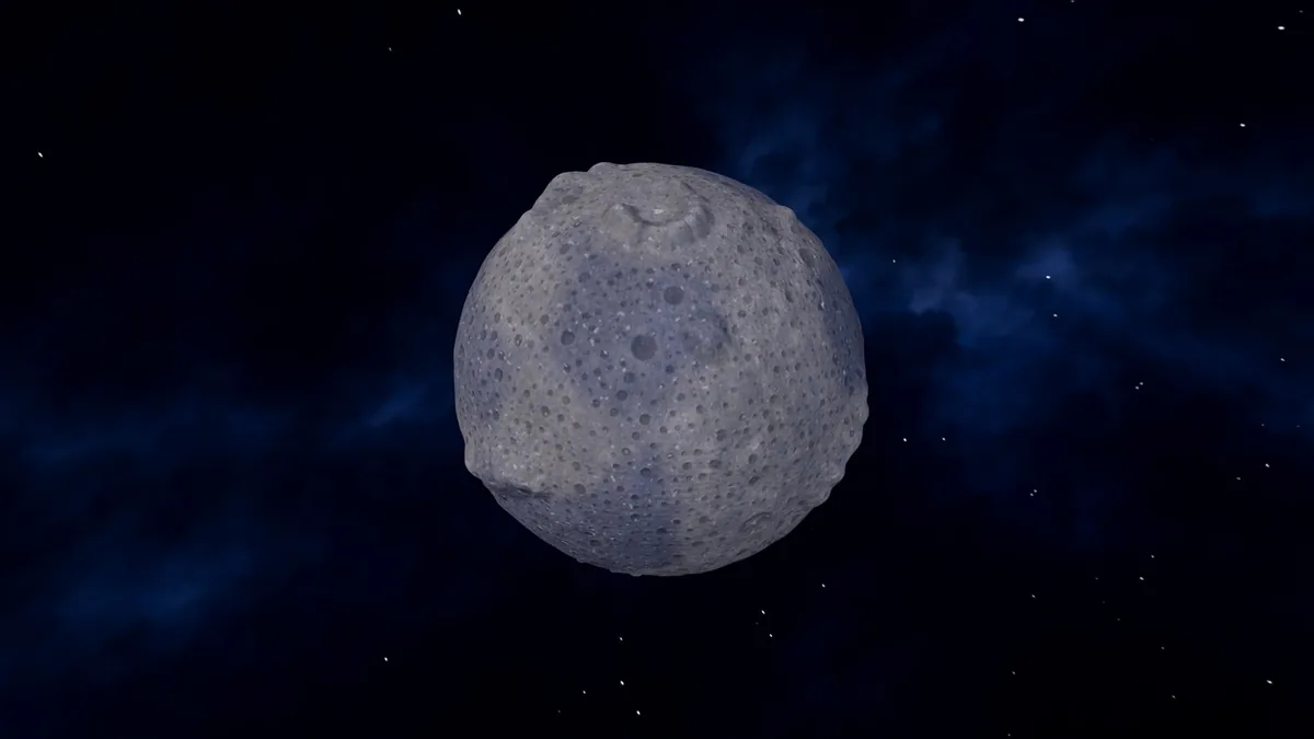 Moon Sweepers screenshot of the Moon from space with a small illuminated surface below.
