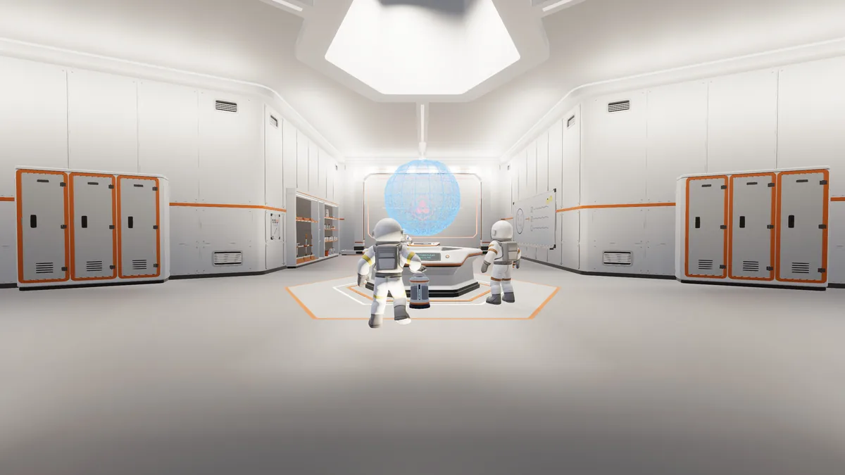 Moon Sweepers screenshot of a base interior with a large blue holographic sphere.