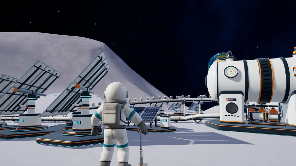 Moon Sweepers screenshot of a player standing beside a large machine and solar panels outside a lunar base.