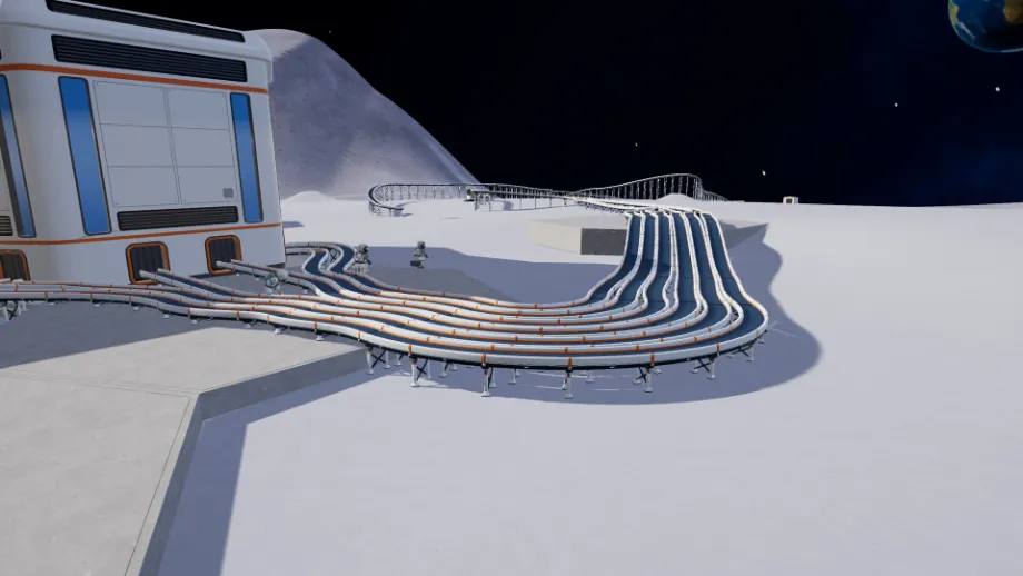 Official Moon Sweepers screenshot showing conveyors curving toward a lunar base.