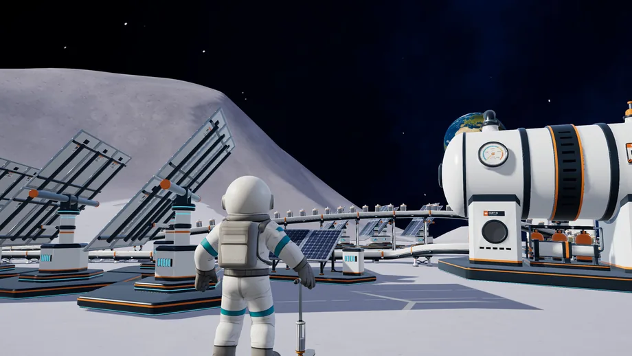 Official Moon Sweepers screenshot showing solar arrays, storage tanks and a player examining base machinery.