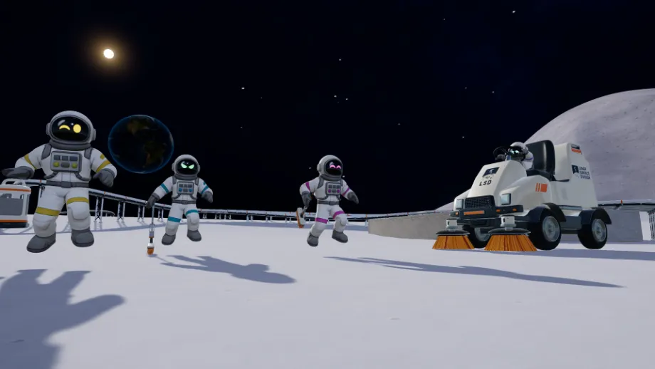Official Moon Sweepers screenshot of several astronauts cleaning together beside a sweeper.