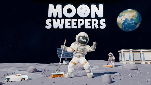 Official Moon Sweepers promotional artwork showing the Moon Sweepers logo and an astronaut with a brush.